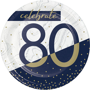 96ct Bulk Navy and Gold 80th Birthday Dessert Plates