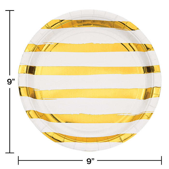 Bulk 96ct White and Gold Foil Striped 8.75 inch Dinner Plates 