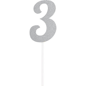 12ct Bulk Number 3 Silver Glitter Cake Toppers